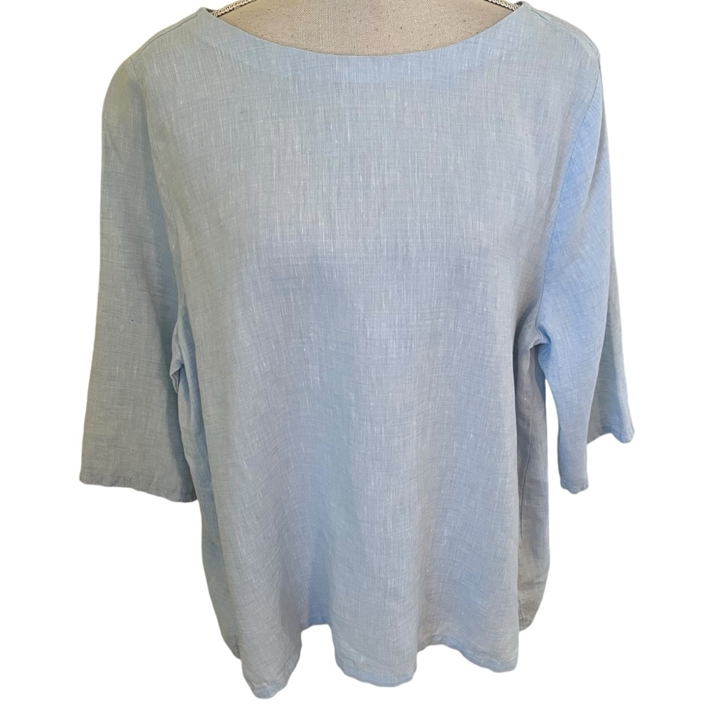 Chico's Light Blue No Iron Linen 3/4 Sleeve Notched Button Pullover 3P(16/18P)